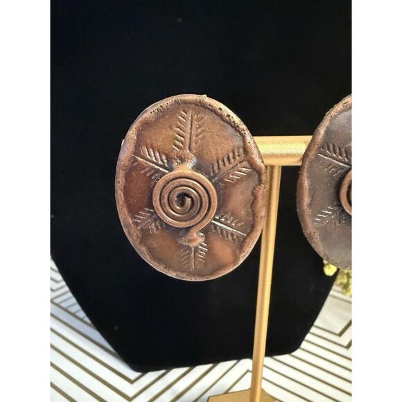 Artisan Native Stamped Etched Pierced Earrings - Copper Tone - Picture 3 of 6
